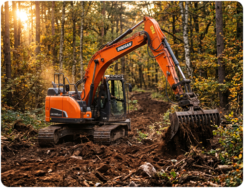 Doosan Bagger mit Roderechen bei der Oberbodenverwundung