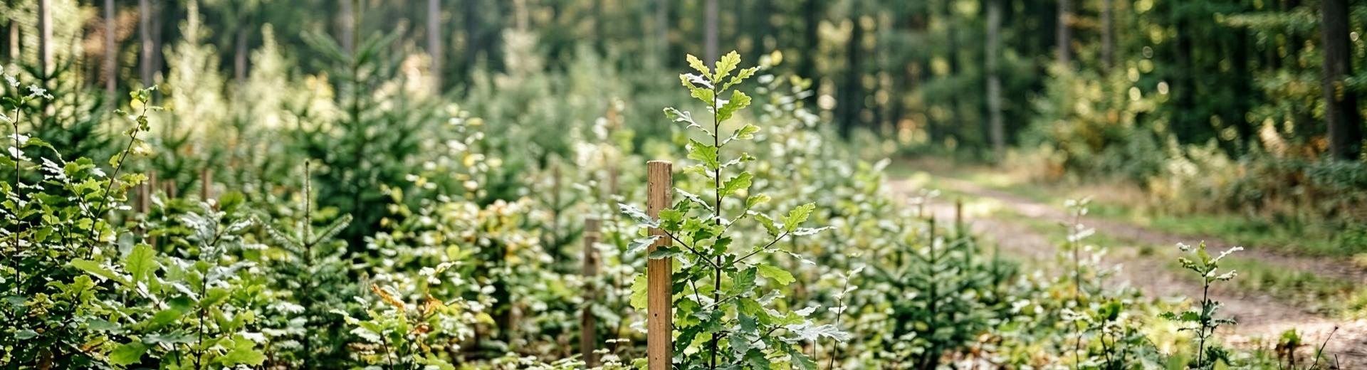 Junger Waldbestand mit Eichensetzlingen