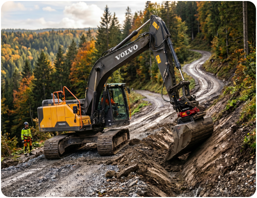 Volvo Kettenbagger mit Rototilt bei der Wegeinstandsetzung